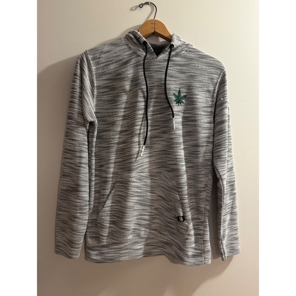 Dikotomy Mens Grey Space Dye Hoodie Green Leaf Embroidered Pullover Medium